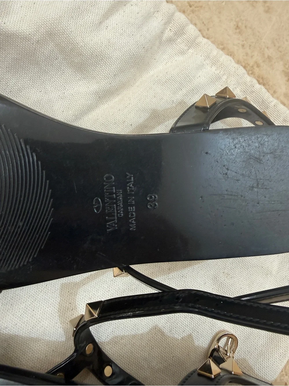 Valentino Black Rockstud Gladiator Jelly Flat